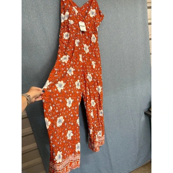Used Forever 21 L Orange Blue White Floral Print Sleeveless Jumpsuit Jumper - Picture 7 of 12